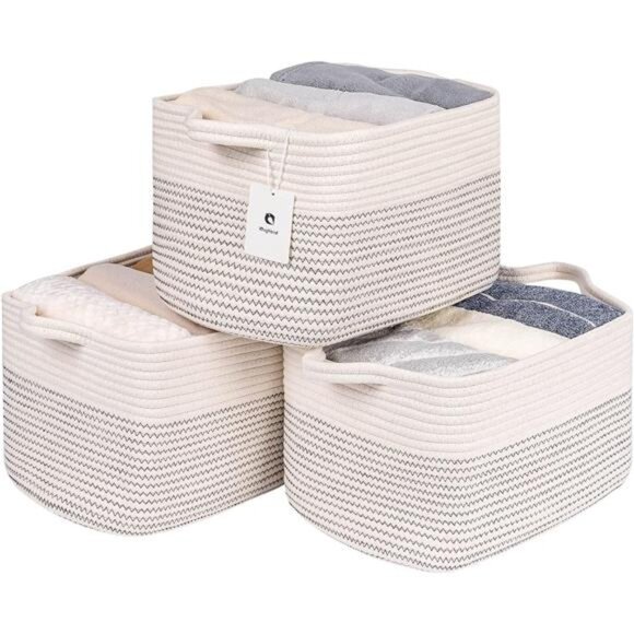 Blanket Basket Living Room Cotton Rope Woven Baskets With Handles for Shelves - Picture 1 of 7